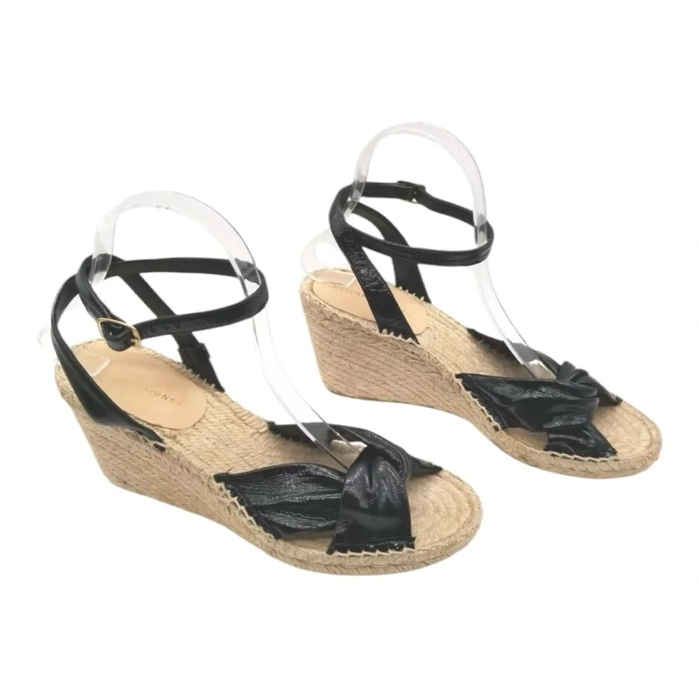 Etienne Aigner Womens Black Leather Vera Espadrille Wedge Sandal 7 M